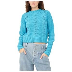 Free People Blue Cable Knit Cropped Sweater Size S